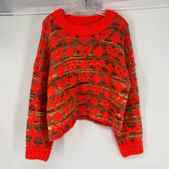 Free People Wool Blend Orange Heart Argyle Chunky Colorful Oversized Sweater M - Picture 3 of 7